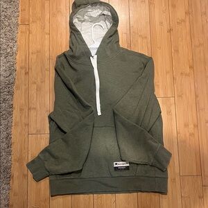 Champion Olive Green Pullover Hoodie with White Drawstring